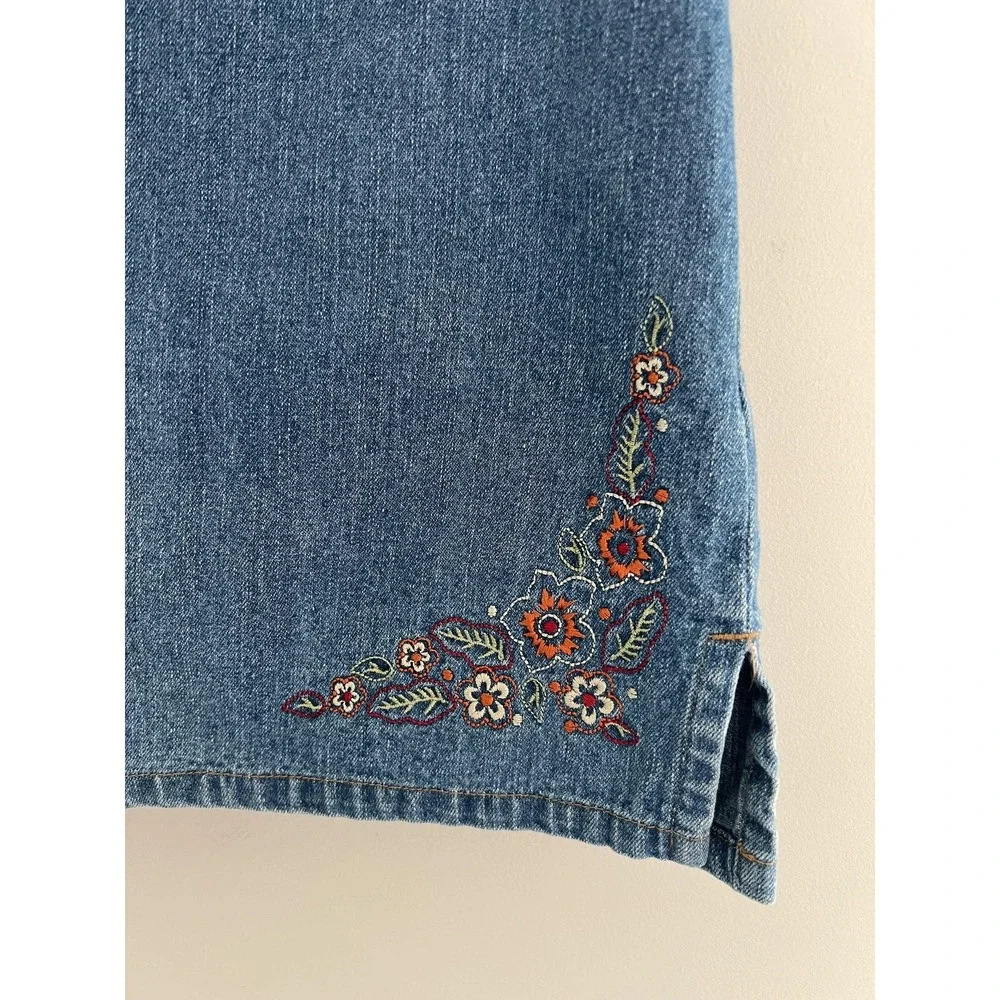 Vintage Y2K 90s Denim Skort Blue Denim Embroidered Floral Mini Boho Cottage
